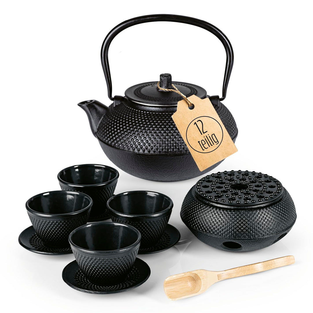 Lumaland Tee Set 12-teilig | 1,4 Liter Gusseiserne Teekanne Tetsubin | Stövchen aus Gusseisen | 4 Te