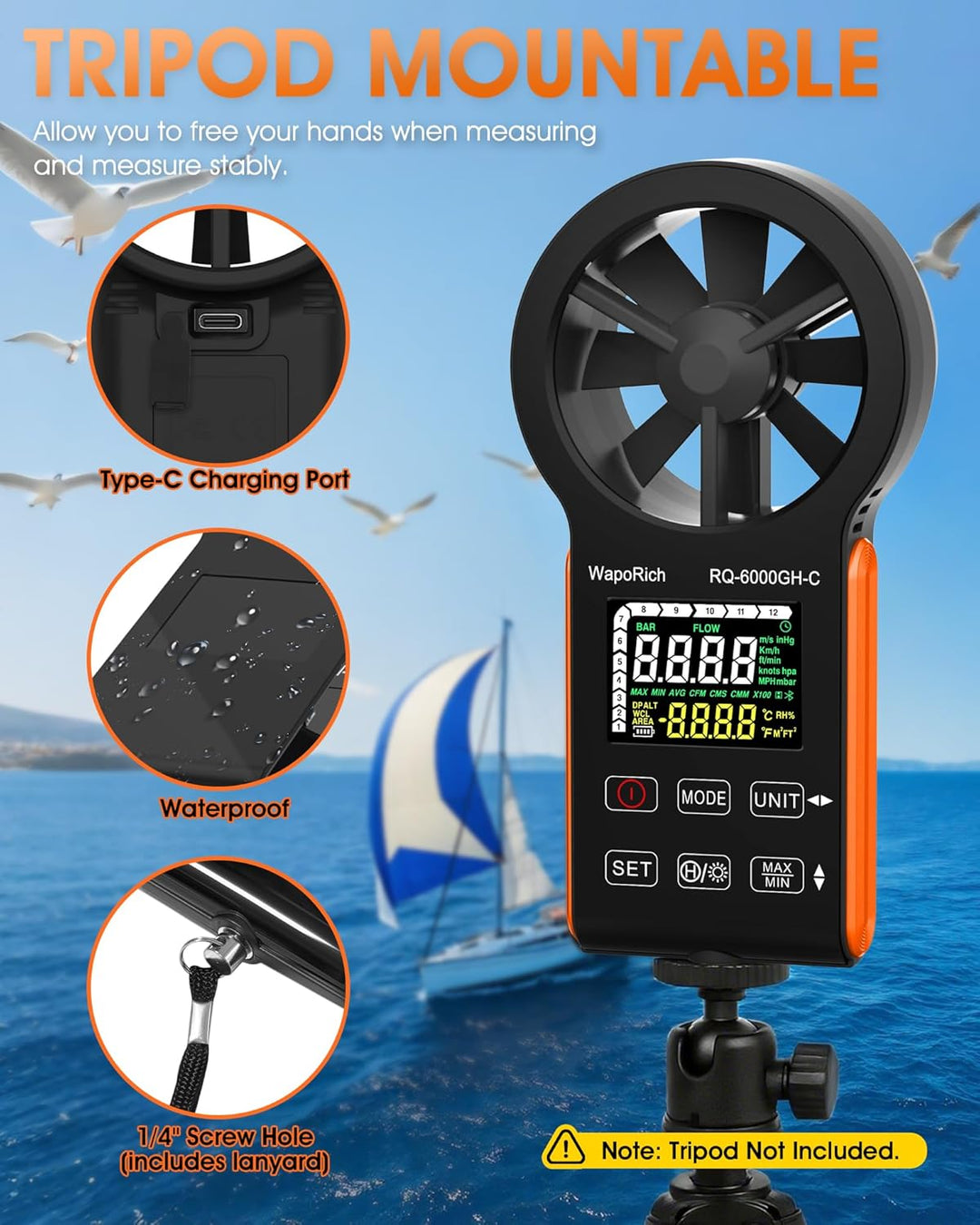 CFM Anemometer Windmesser mit Touchscreen, WapoRich Wiederaufladbares Luftstrommessgerät 0~999900 CF