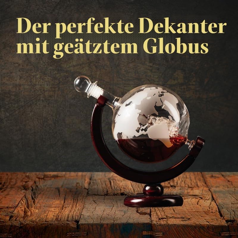 Kemstood Whisky Karaffe Globus Set (850 ml) - Edler Whiskey Decanter mit Gläser, Holzständer und ein