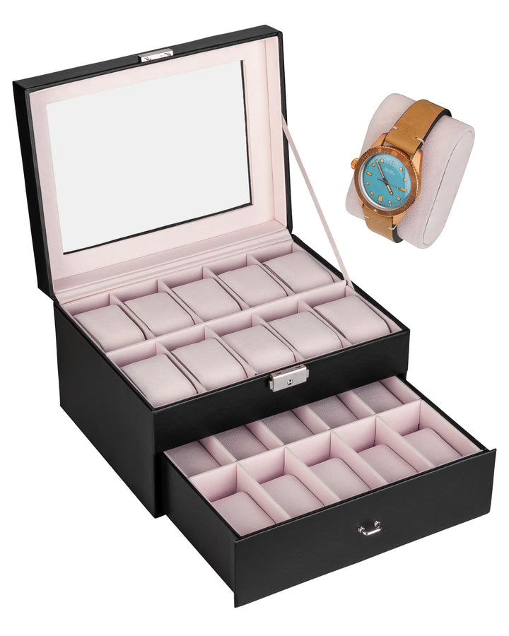 shelfmade Uhrenbox PU-Leder - Uhrenaufbewahrung schwarz - Uhrenkasten mit edlem Samt - Uhrenkoffer,