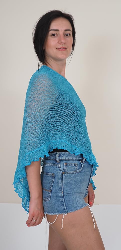 Mimosa Damen Schlichtes Stretch-Fischnetz häkeln Fledermaus kleiner Poncho Einheitsgrösse Türkis, Ei
