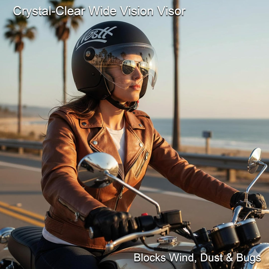 Westt Jethelm mit Visier Motorradhelm Herren Damen Helm Motorrad Roller Helm Mopedhelm Chopper Retro