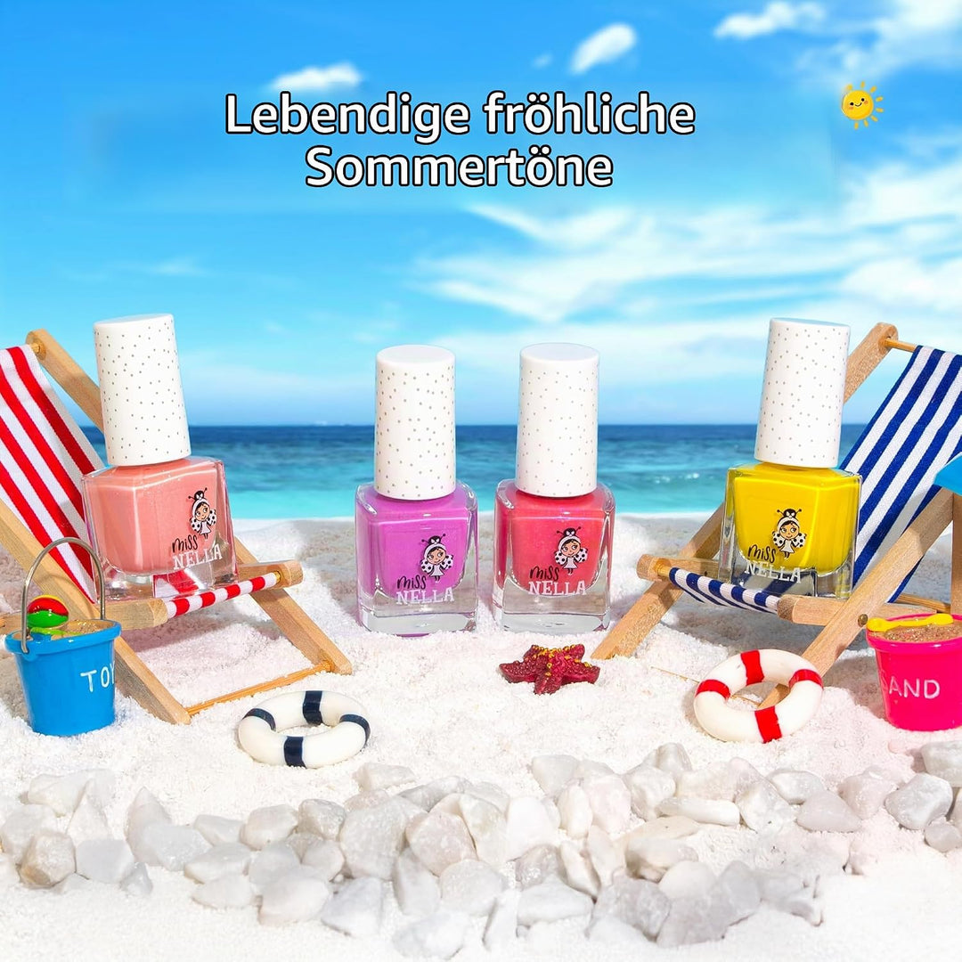 Miss Nella Summer Glitzer Nagellack 4er Set: Gelb, Koralle, Rosa und Lila, abziehbarer Nagellack spe