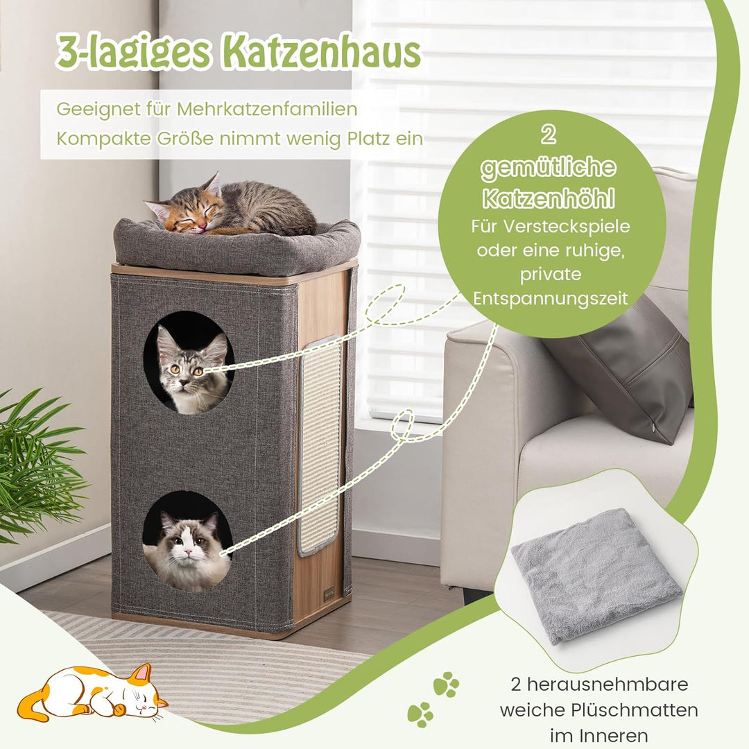 GYMAX Kratztonne 77.5 cm hoch Ø 38 cm, Kratzbaum mit Katzentonne mit 2 Höhlen, Sitzplattform, Kratzb