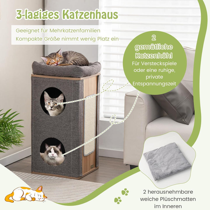 GYMAX Kratztonne 77.5 cm hoch Ø 38 cm, Kratzbaum mit Katzentonne mit 2 Höhlen, Sitzplattform, Kratzb