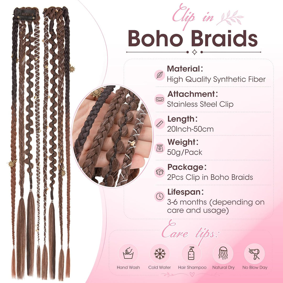 Silk-co Clip in Zöpfe 2 Stück, Bohemian Braid Extensions mit Clips, Synthetische Geflochtene Haartei