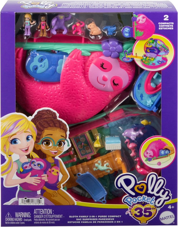 Polly Pocket Faultierfamilie 2-in-1 Taschenschatulle - Tropisches Abenteuer mit 12 Accessoires, Dsch