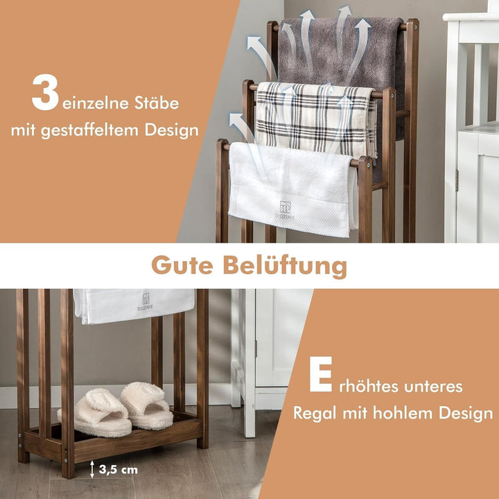 COSTWAY Handtuchständer freistehend, Handtuchhalter Holz mit 3 Handtuchstangen & unterer Ablage & Ki