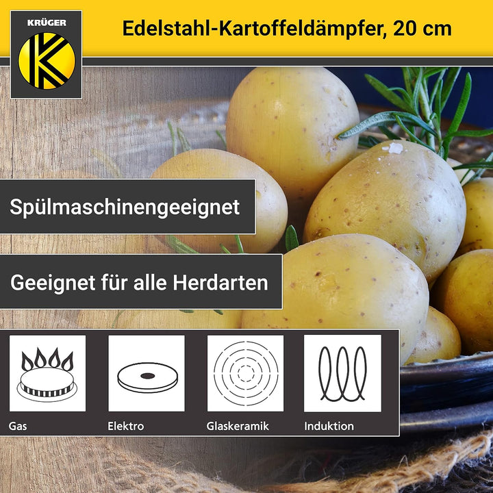 Krüger Edelstahl-Kartoffeldämpfer mit Glasdeckel - Bio-Dünster mit praktischem Schüttrand & energies