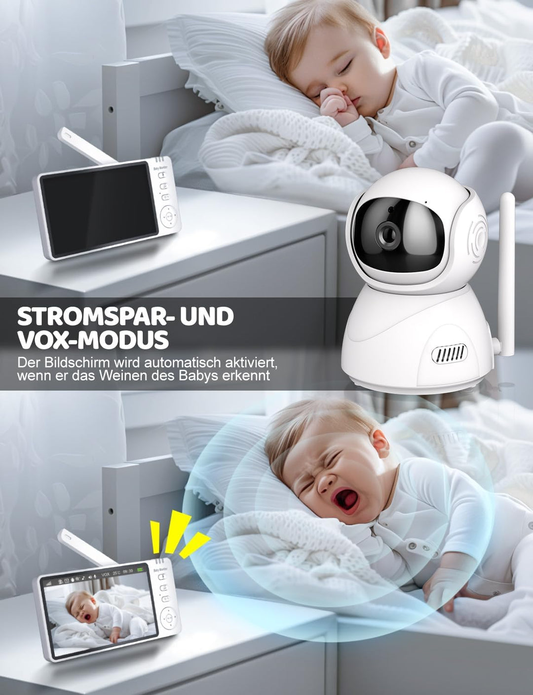 BURNNOVE Babyphone mit Kamera ohne WLAN, 5 Zoll IPS 720P Video Babyphone, Baby Monitor mit Nachtsich
