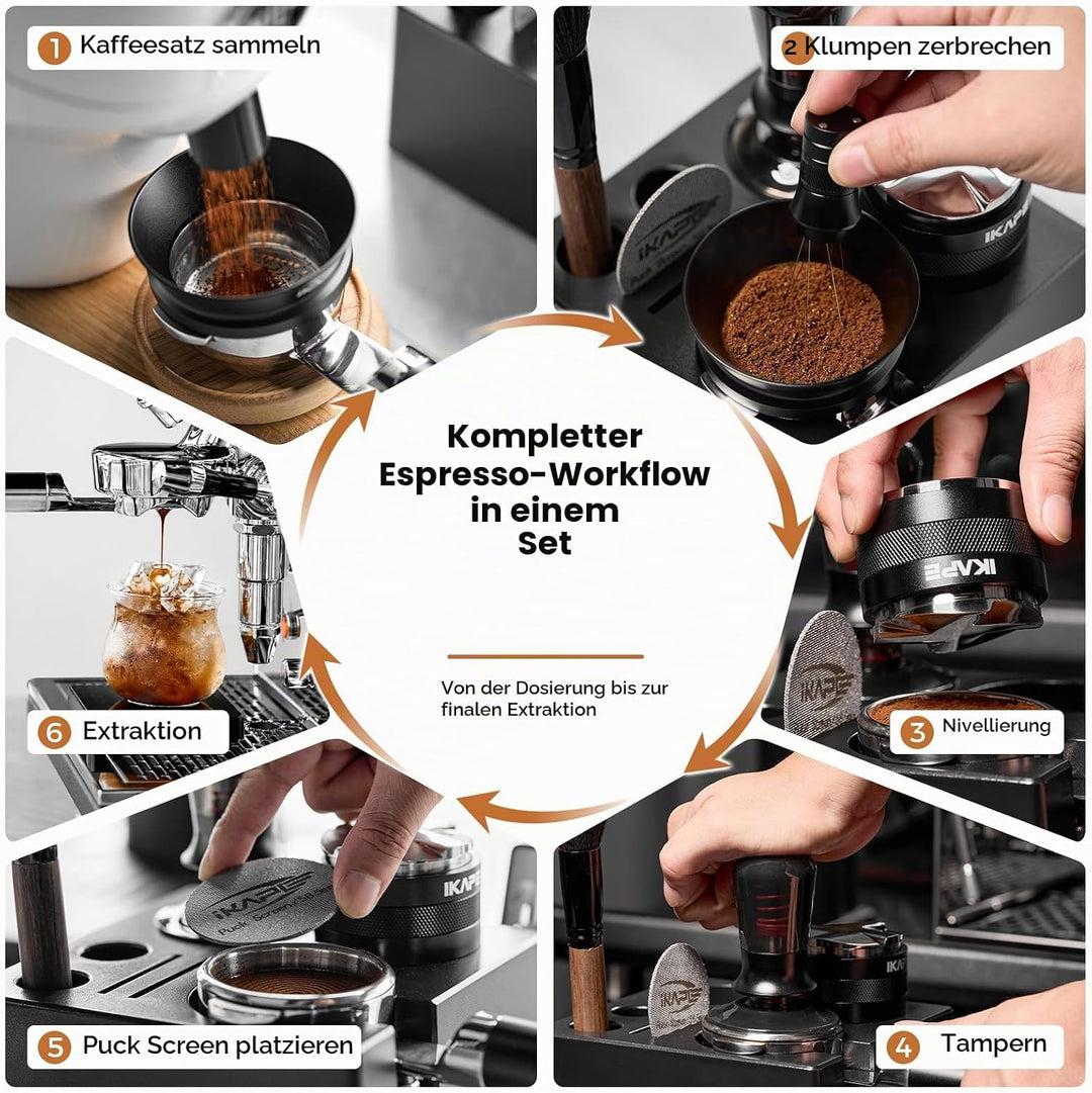 IKAPE 51 mm Espresso-Werkzeugset, schwarz, 8-in-1: Kaffeetamper, Verteiler, Magnettrichter, Pucksieb