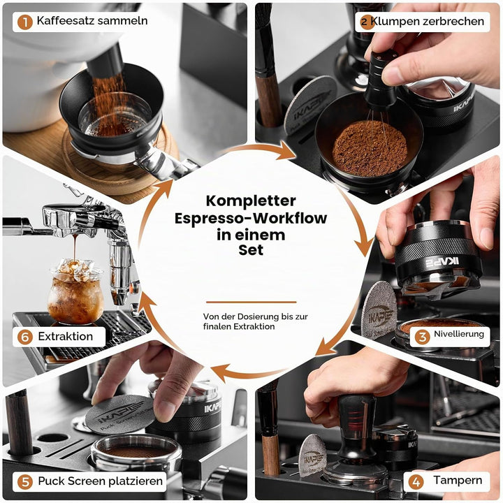 IKAPE 51 mm Espresso-Werkzeugset, schwarz, 8-in-1: Kaffeetamper, Verteiler, Magnettrichter, Pucksieb