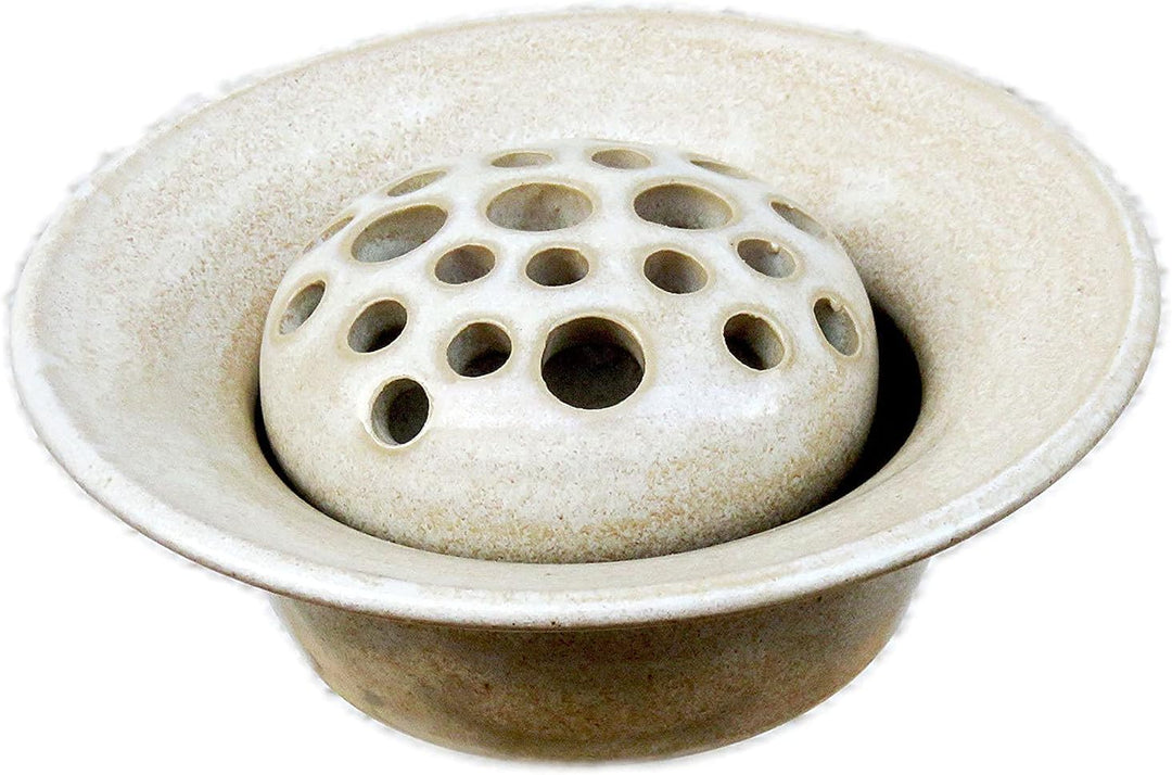 Blumensteckschale beige, 2-teilig, handgetöpfert, 13 cm Durchmesser, Steinzeug
