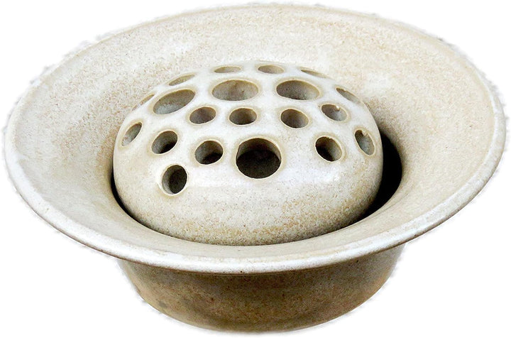 Blumensteckschale beige, 2-teilig, handgetöpfert, 13 cm Durchmesser, Steinzeug