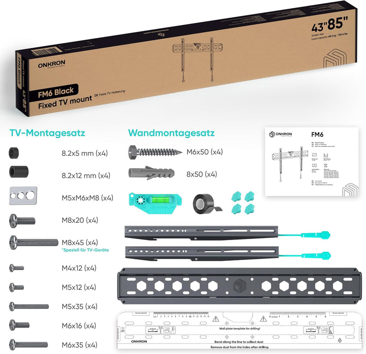 ONKRON TV Wandhalterung flach für 43-85 Zoll Bildschirm bis 68 kg, Ultra Slim Wandhalterung Fernsehe