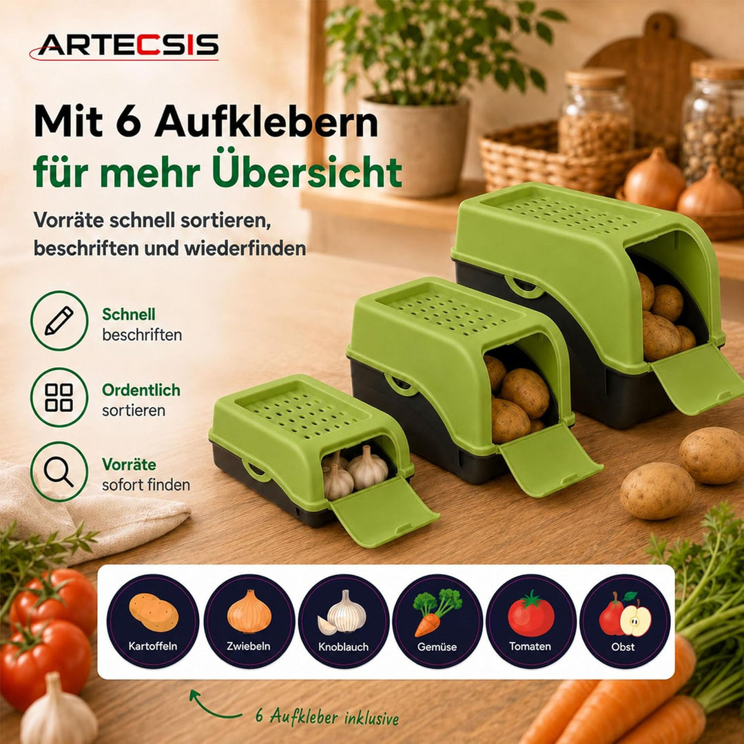 ARTECSIS Kartoffel Aufbewahrungsbox grün 2er Set I Gemüsebox Kartoffelbox mit Deckel für ca. 4 kg Ka