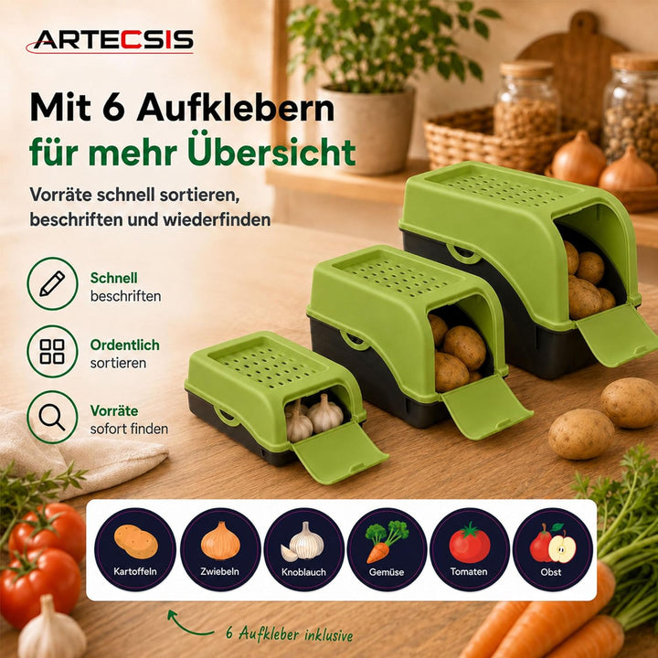 ARTECSIS Kartoffel Aufbewahrungsbox grün 2er Set I Gemüsebox Kartoffelbox mit Deckel für ca. 4 kg Ka