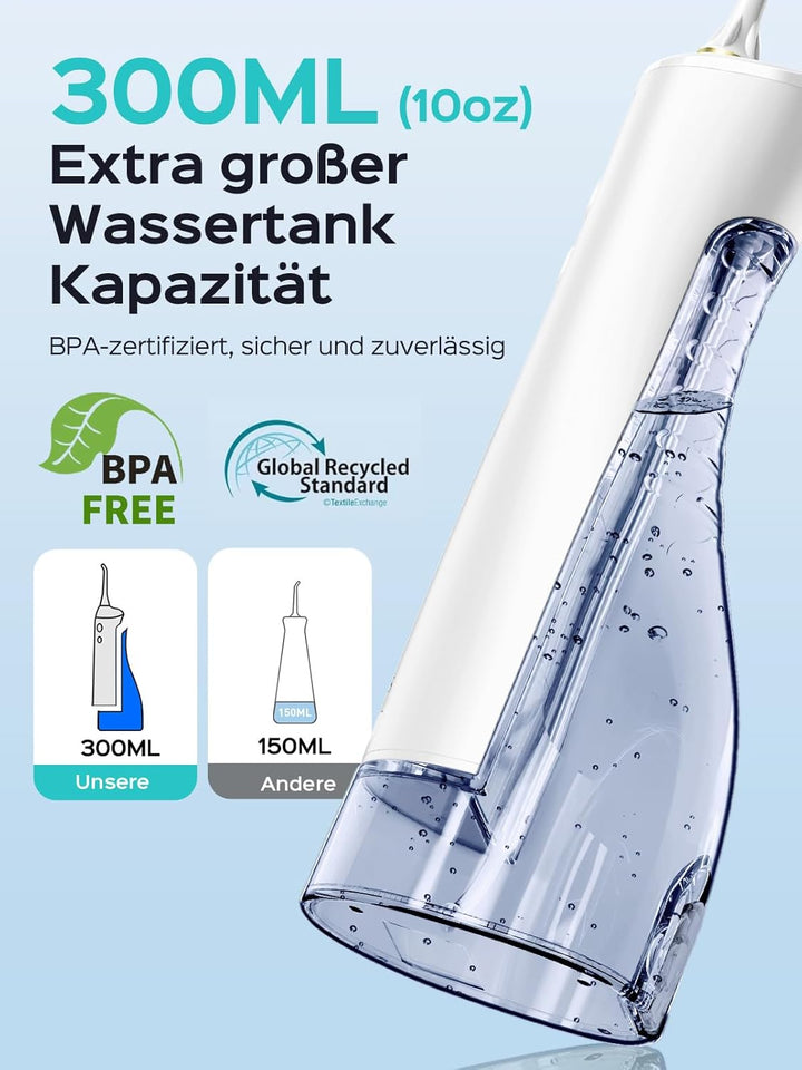 COSLUS Munddusche Kabellos 2025 Upgraded Elektrische Zahnreiniger: 10 Intensitäten & 300ML Wassertan