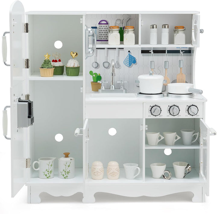 DREAMADE Kinderküche aus Holz mit Spielzubehör, Kinderspielküche mit Kühlschrank Spüle Herd Backofen