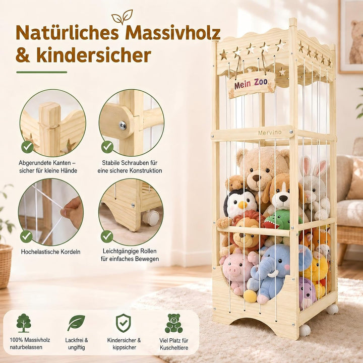 Mervino Holz Kuscheltier Aufbewahrung Plüschtier Lagerung mit 360° Rollen | Grosse Kapazität Stoffti