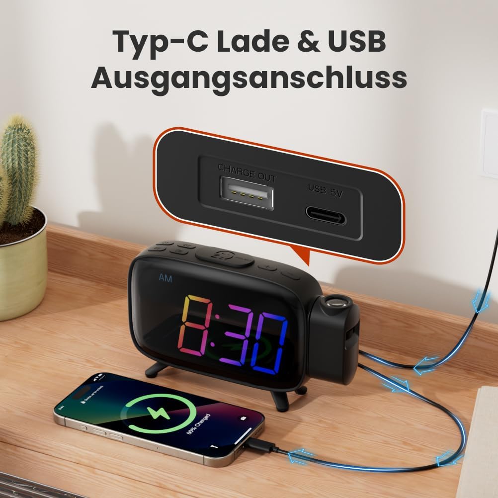 ELEHOT-Store Radiowecker mit projektion,180°Projektionswecker,12/24H Wecker Digital Snooze Funktion,