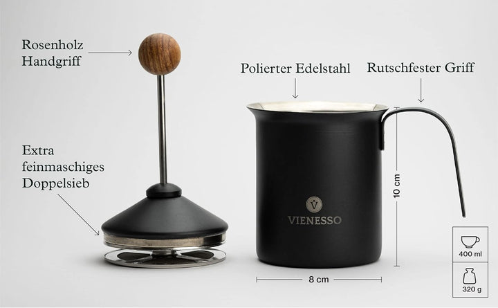 VIENESSO Milchaufschäumer (Manuell/Hand) aus Edelstahl - Milk Frother/Milchschäumer mit Doppelsieb:
