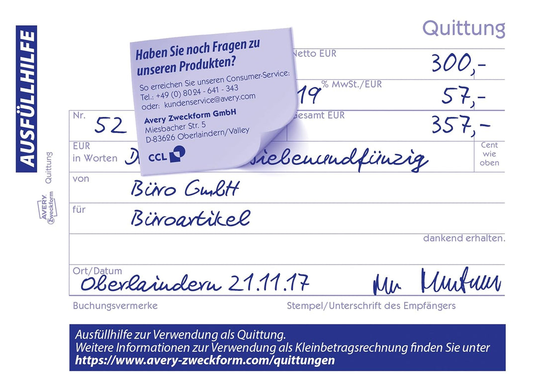 AVERY Zweckform 1735-10 Quittungsblock (A6 quer, 2x40 Blatt, selbstdurchschreibend, fälschungssicher