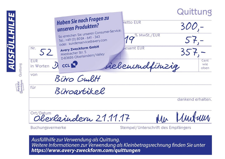 AVERY Zweckform 1735-10 Quittungsblock (A6 quer, 2x40 Blatt, selbstdurchschreibend, fälschungssicher