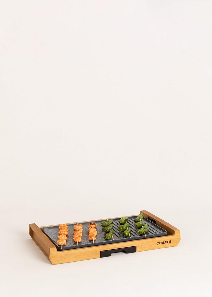 CREATE/STONE FLAT BAMBOO/Elektrische Grillplatte/Grillplatte mit doppeltem Grillmuster, Bratplatte u