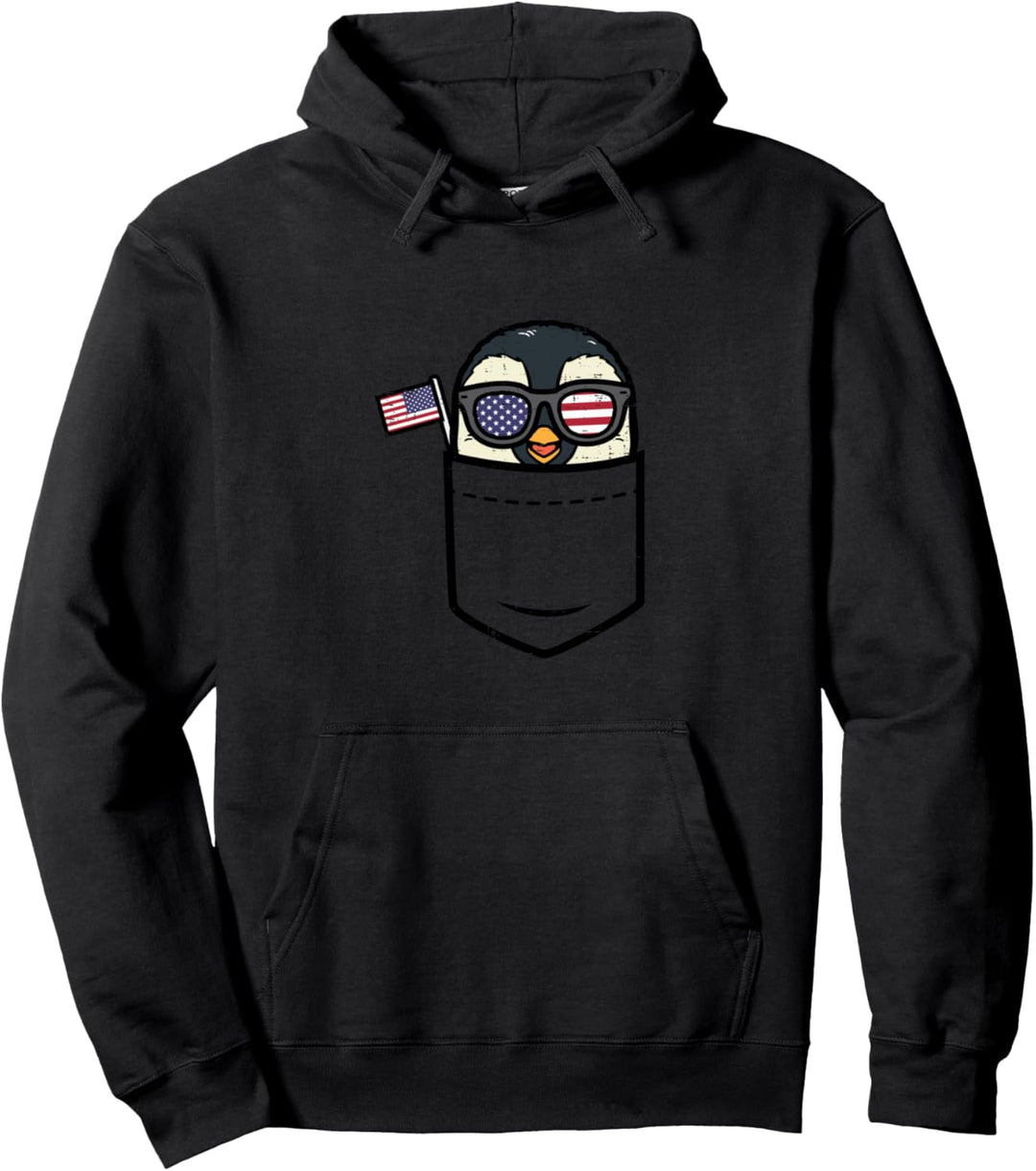 Penguin Pocket American Flag USA 4th Of July Fourth Animal Pullover Hoodie