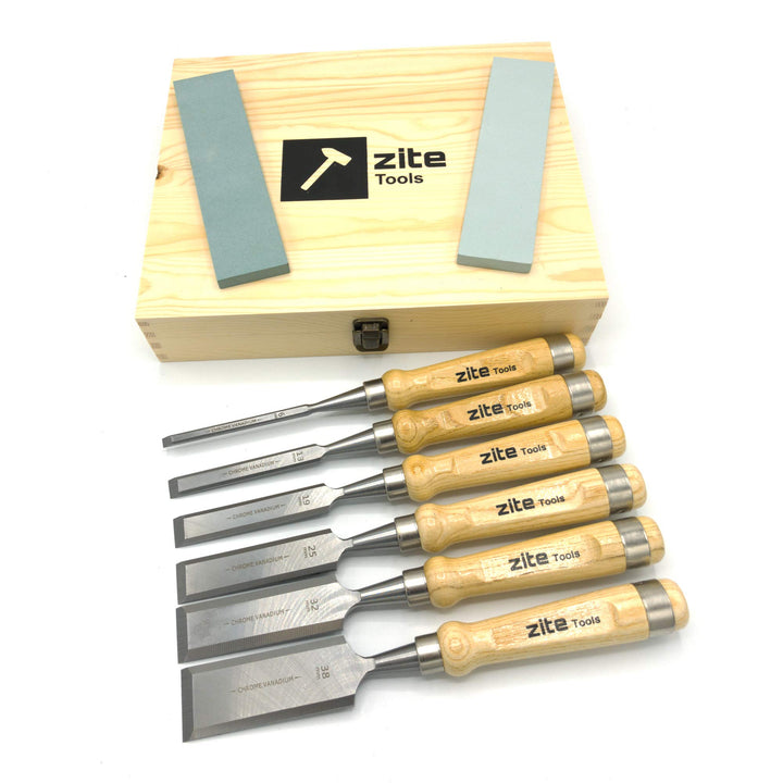 Zite Tools hochwertiges Meissel-Set für Holzarbeiten - 6 Meissel & 2 Schleifsteine - verschiedene Gr