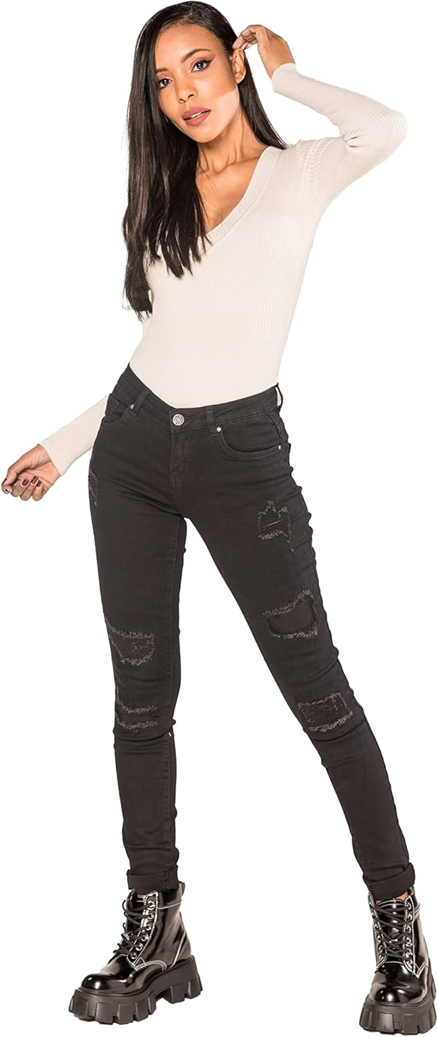 Nina Carter P100 Damen Skinny Fit Low Waist Jeanshosen mit Destroyed-Effekten Used-Look Jeans Waschu