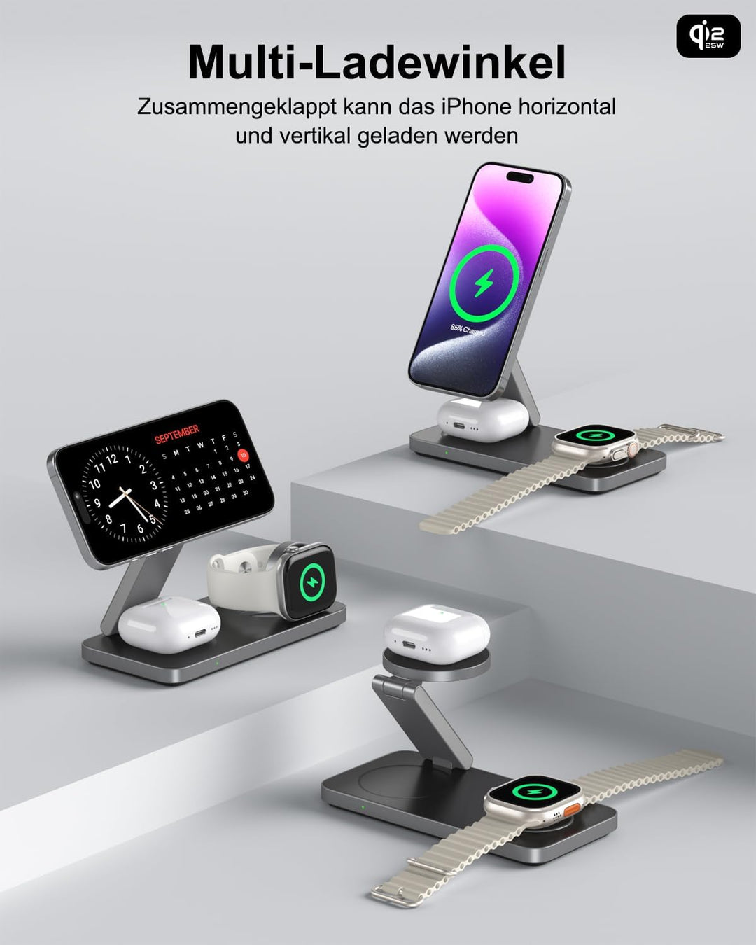 25W kabelloses Ladegerät mit Mag-Safe, Faltbare 3-in-1 Ladestation für iPhone Air 17/16/15/14/13/12,