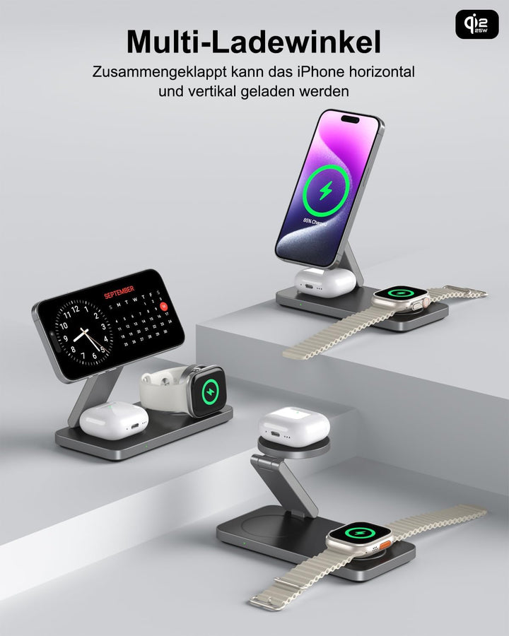 25W kabelloses Ladegerät mit Mag-Safe, Faltbare 3-in-1 Ladestation für iPhone Air 17/16/15/14/13/12,