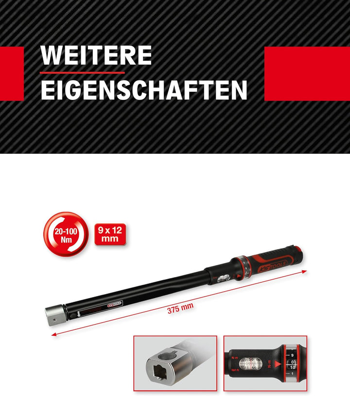 KS Tools Einsteck Drehmomentschlüssel 9x12 mm ERGOTORQUEprecision 516.1632 I 20-100 Nm I Mit Doppels