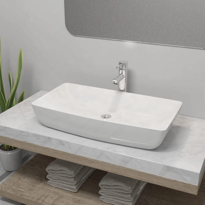 WIFESE Bad-Waschbecken mit Mischbatterie Keramik Rechteckig Weiss 71x38x13,5 CM Aufsatzwaschbecken E