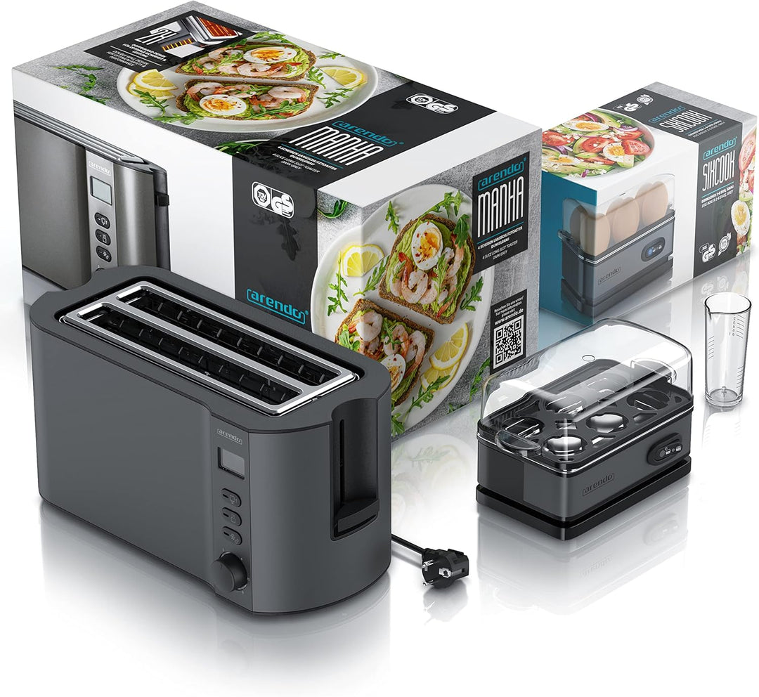 Arendo - SET Toaster MANHA mit Eierkocher SIXCOOK Edelstahl Cool grey, Toaster 4 Scheiben LED-Displa