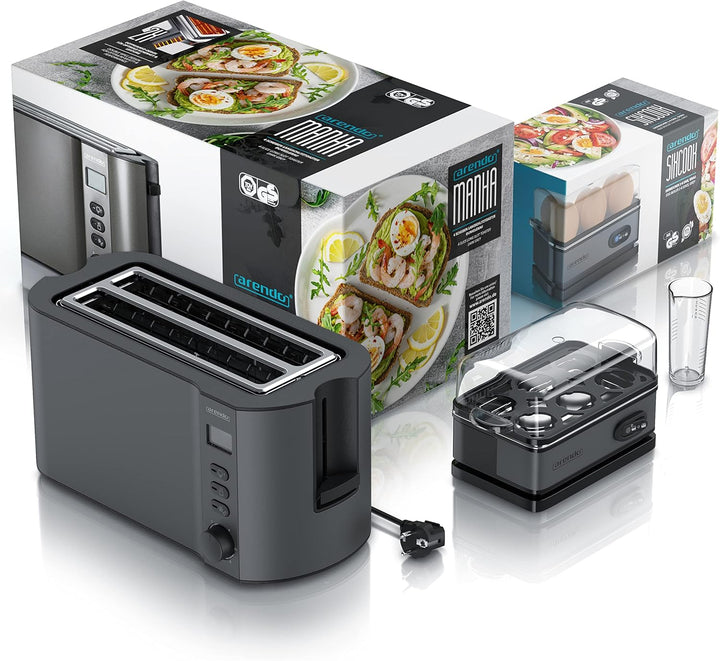 Arendo - SET Toaster MANHA mit Eierkocher SIXCOOK Edelstahl Cool grey, Toaster 4 Scheiben LED-Displa
