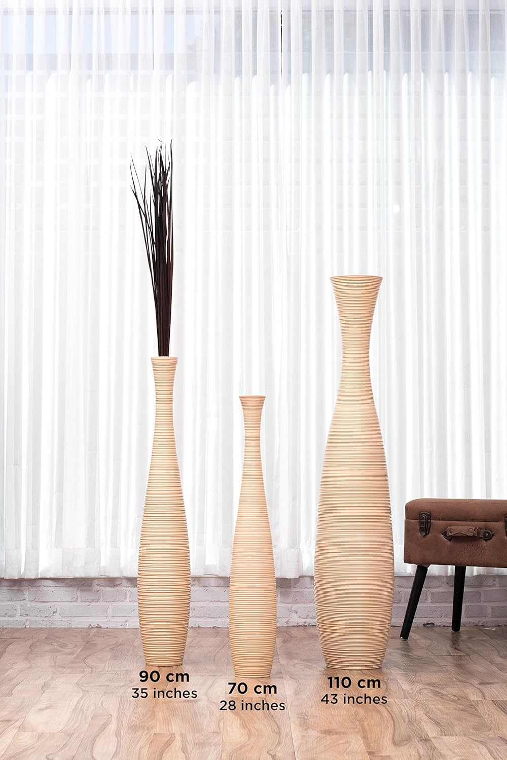 Leewadee Grosse Bodenvase für Dekozweige hohe Standvase Design Holzvase, Holz, 90 cm, Creme 90 cm Cr