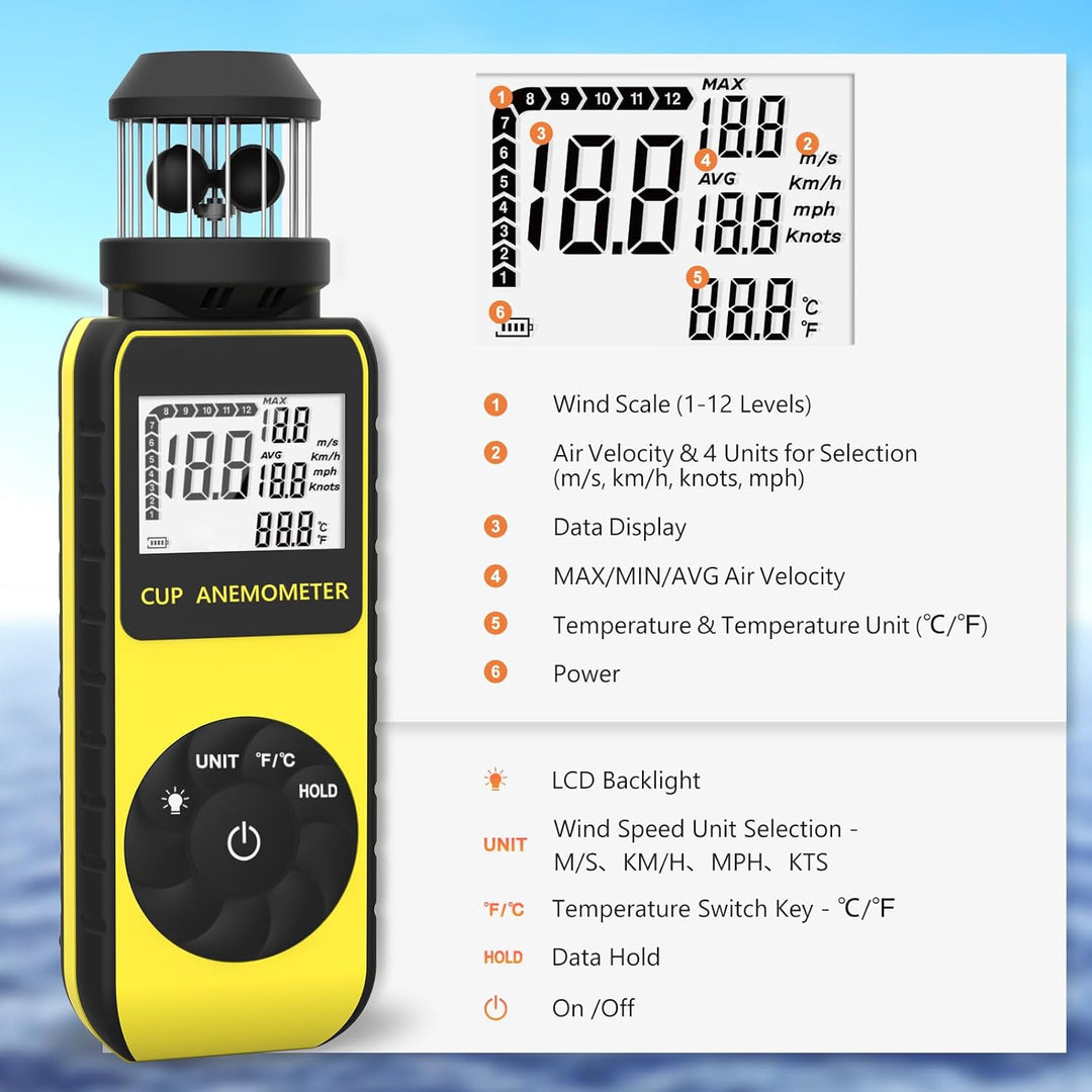 SURLABA Digital Windmesser, XF-881M Cup Anemometer ±4% Hoher Genauigkeit Wind Gauge Misst MAX/AVG Wi