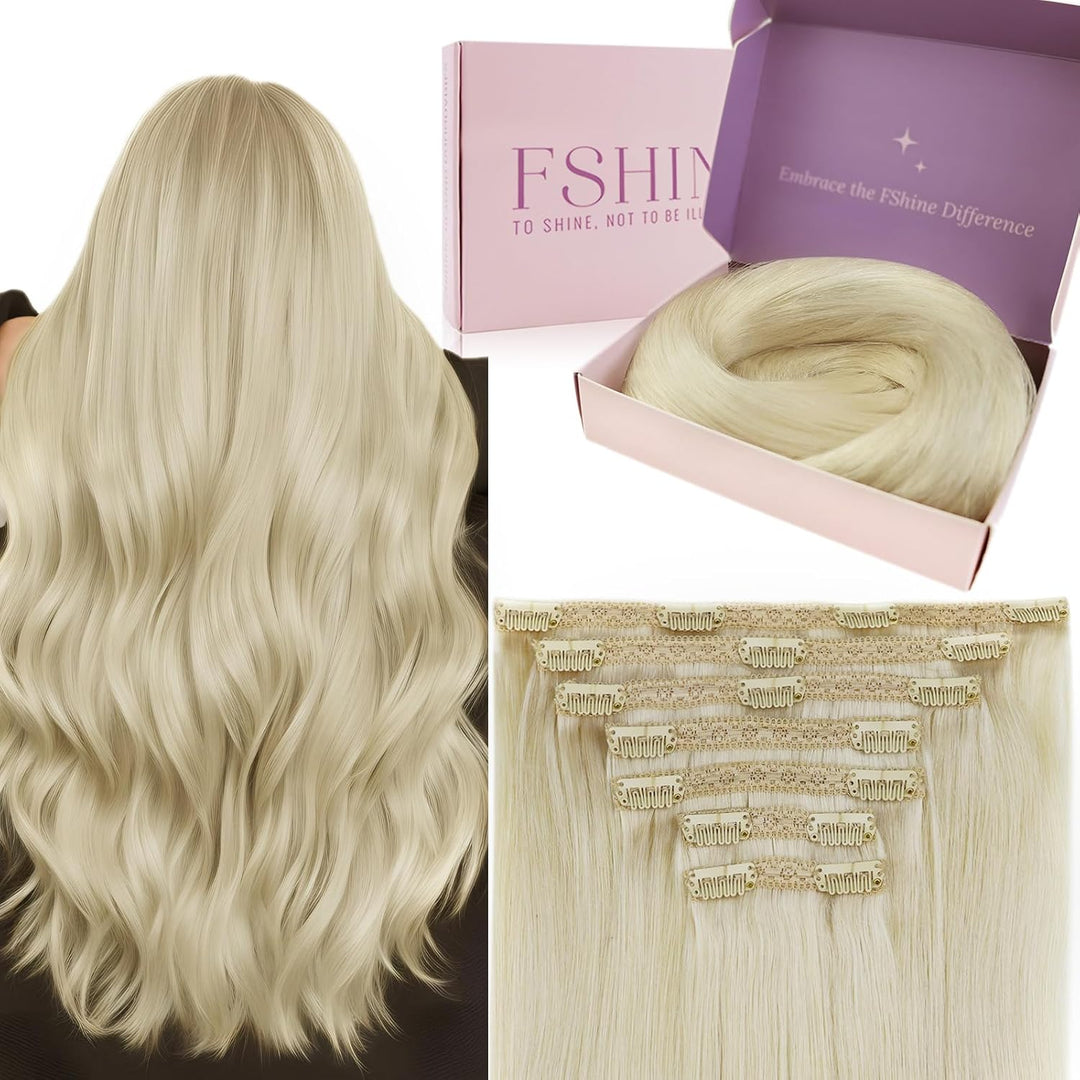 Fshine Clip in Extensions Echthaar Weissblond 35cm 120g Glatt Haar Extension Echthaar Clip in Haarve