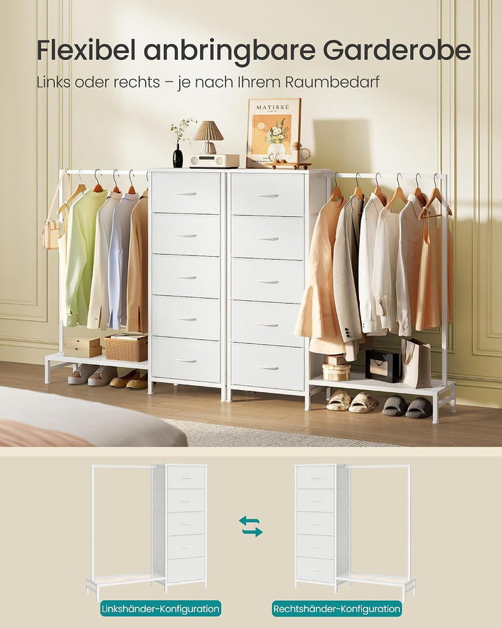 SONGMICS Kommode mit 5 Stoff Schubladen und Kleiderstange, Garderobenständer mit Kleiderstange und S