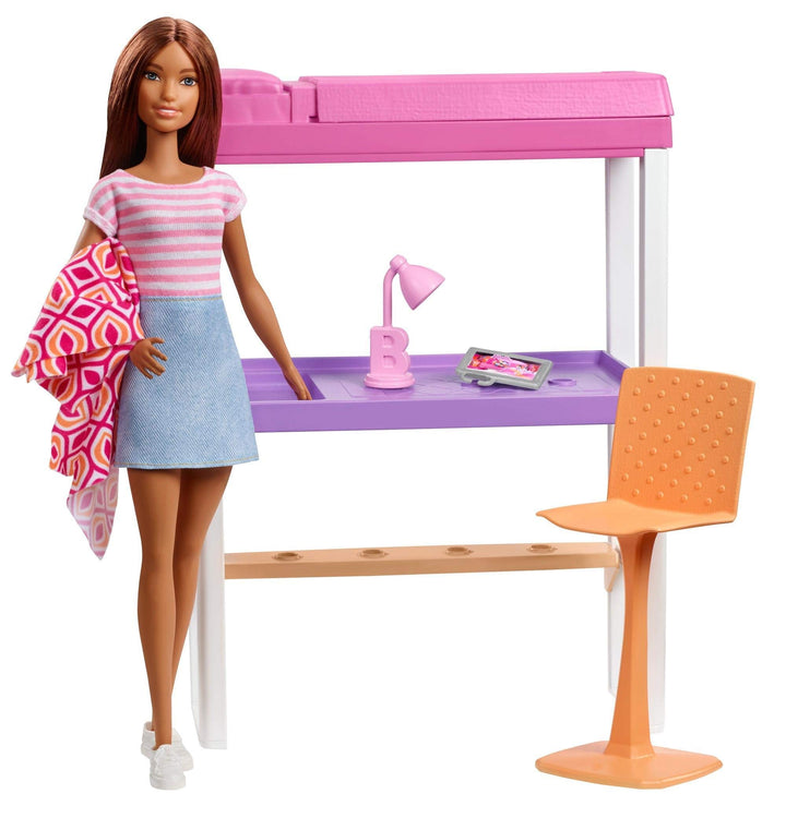 Barbie FXG52 - Deluxe-Set Möbel Hochbett mit Schreibtisch und Puppe, Mehrfarbig, Hochbett mit Schrei