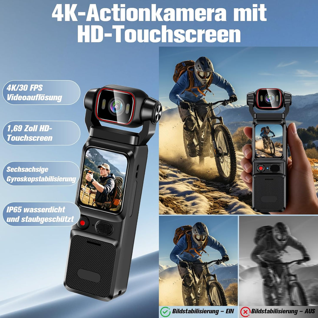 Vlogging Wifi Action Kamera 4K, 160°-Sport Actionkamera, Tragbare Taschenkamera mit um 180° Drehbare