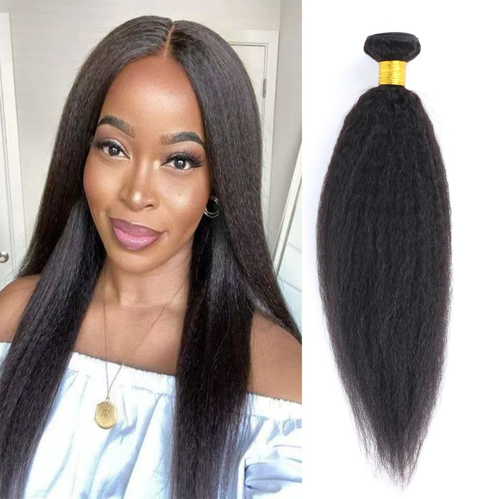 Kinky Straight Human Hair 1 Bundles Natural Black ，Yaki Straigh Brazilian Virgin Remy Hair， Grade 10