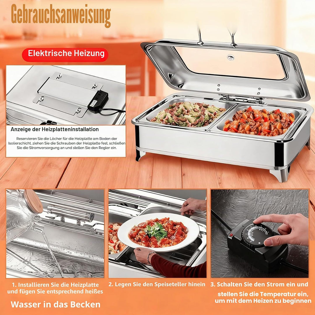 Chafing Dish Elektrisch, 9L Edelstahl Warmhaltebehälter Essen Elektrisch mit Glasdeckel, Speisewärme