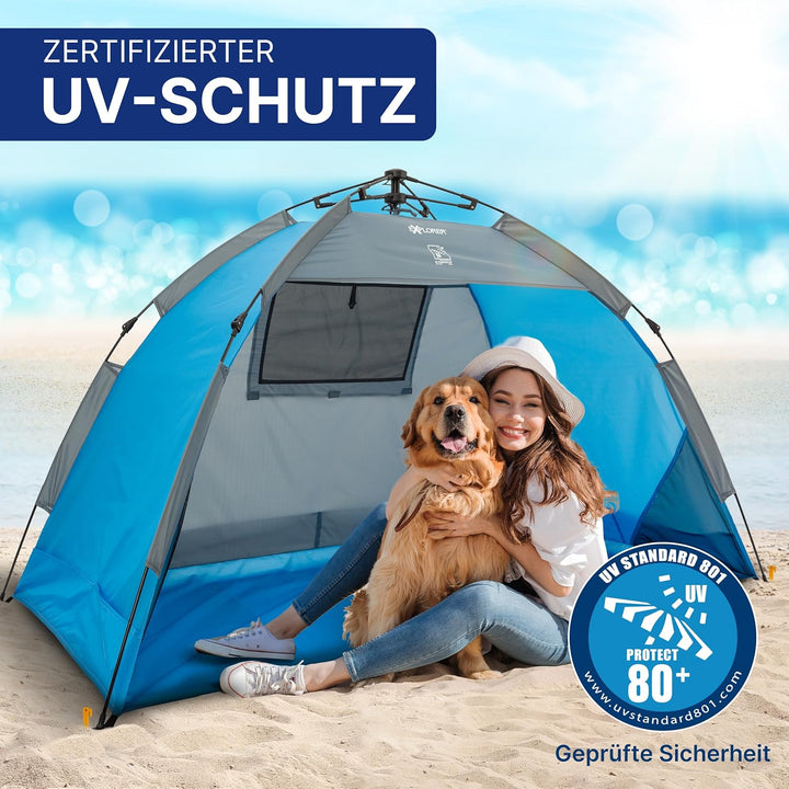 EXPLORER Automatik Strandmuschel mit UV Schutz 80+ [190x100x110cm] kleines Packmass leicht und schne