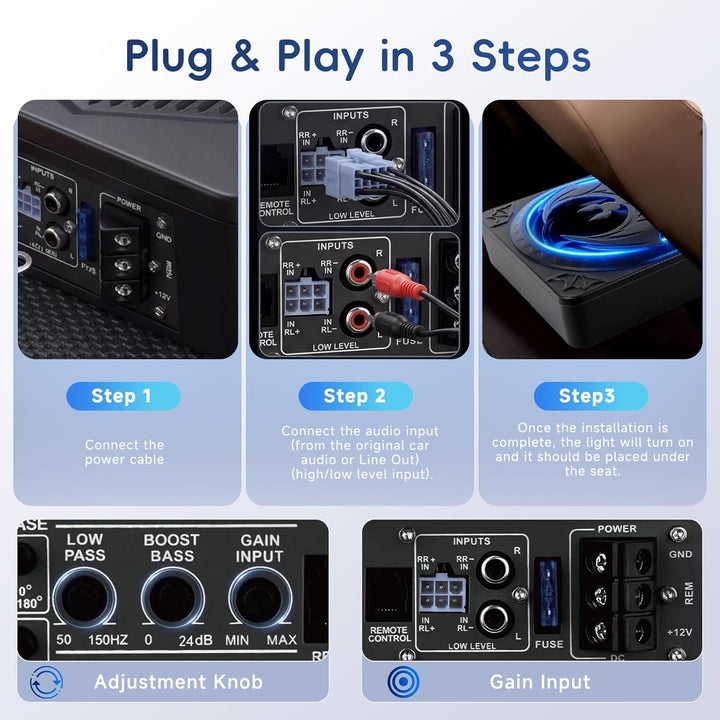 Rimoody 10 Zoll Flachbau Aktiv-Subwoofer für Auto - 1200W RMS, Bass Boost, Phasenregler, Unterbausit