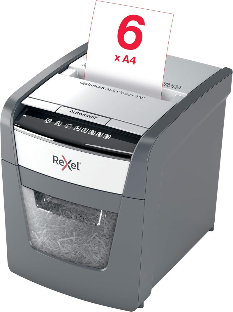 Rexel Optimum AutoFeed+ 50X Automatischer Aktenvernichter, 50 Blatt automatisch, Sicherheitsstufe P4