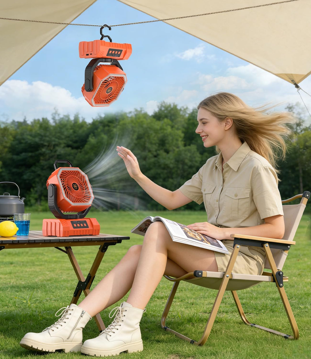 Camping Ventilator, 20000mAh Tragbarer Ventilator Akku mit LED Licht &amp; Fernbedienung, Haken, USB Ven